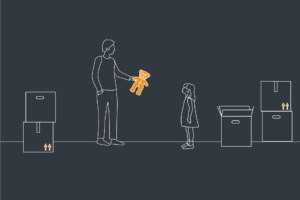 An illustration of a man handing a small child her teddy bear